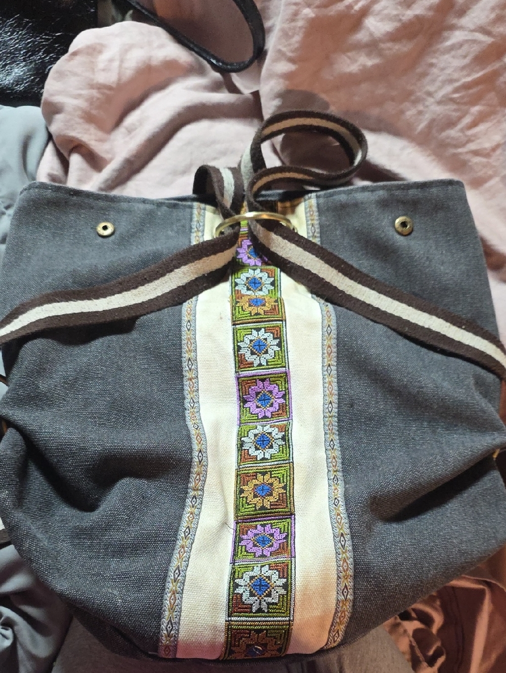 Gray Canvas Tote Bag with Embroidered Center Stripe